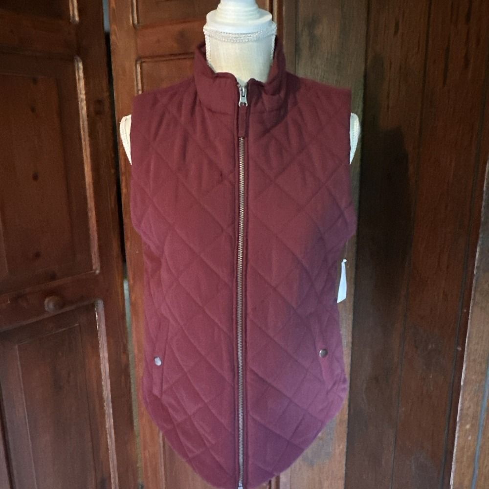 Laura Scott Puffer Vest Womens Medium Maroon Quilted Lined Zip Snap‎ Pockets NEW